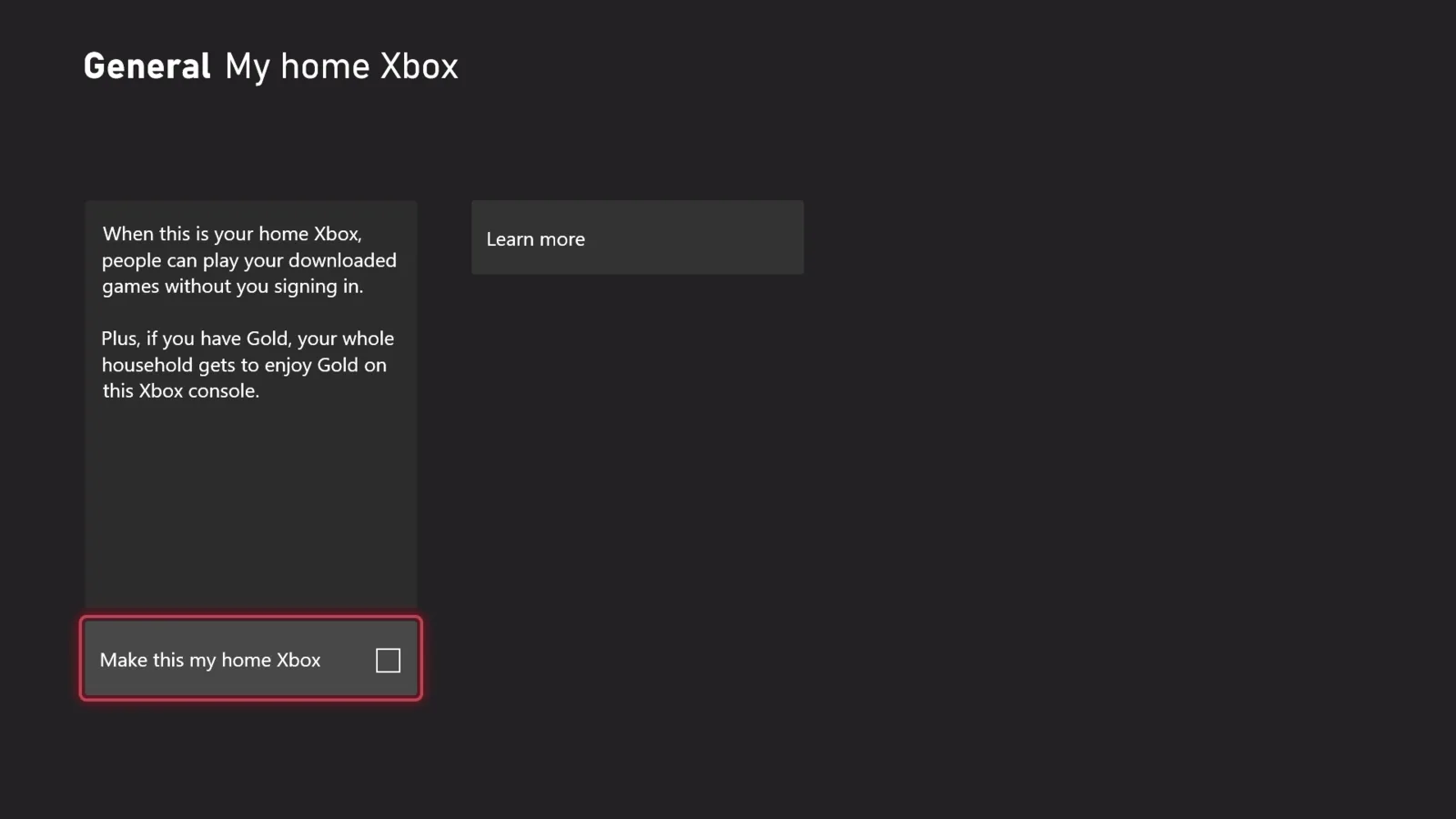 Xbox Personalization settings screen showing the Make this my home Xbox option