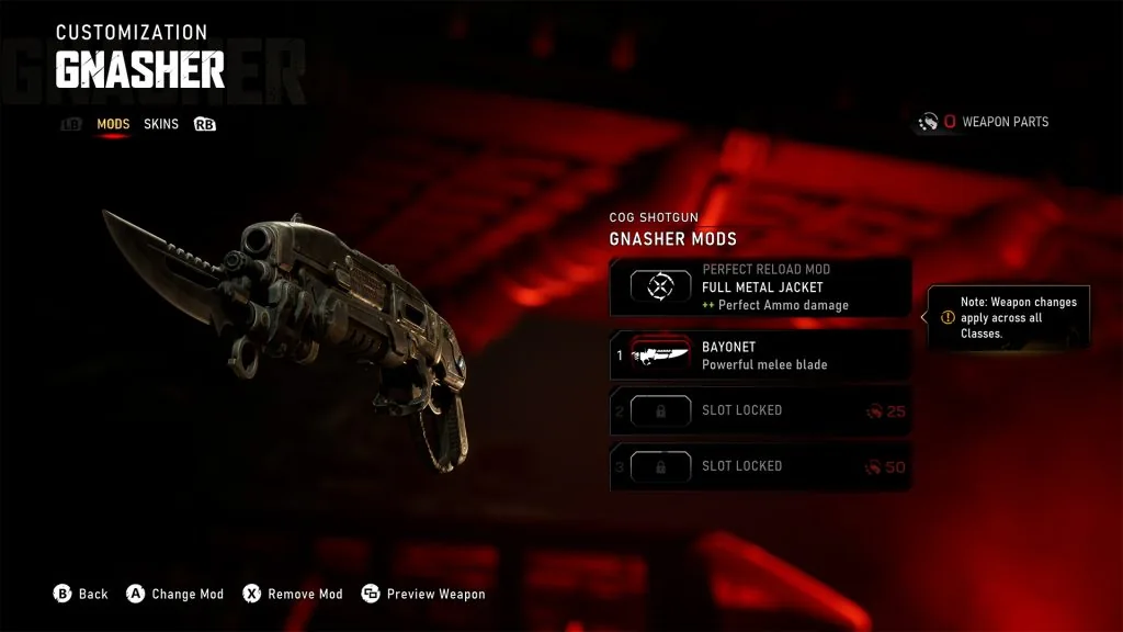 Gnasher customization panel showing Full Metal Jacket and Bayonet modifications