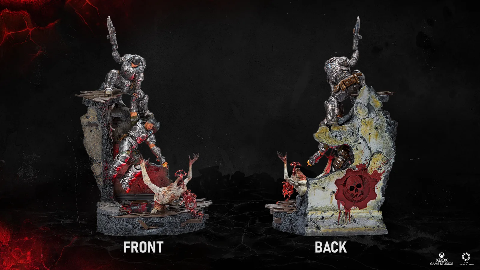Front and back views of the Marcus Fenix and Dominic Santiago diorama