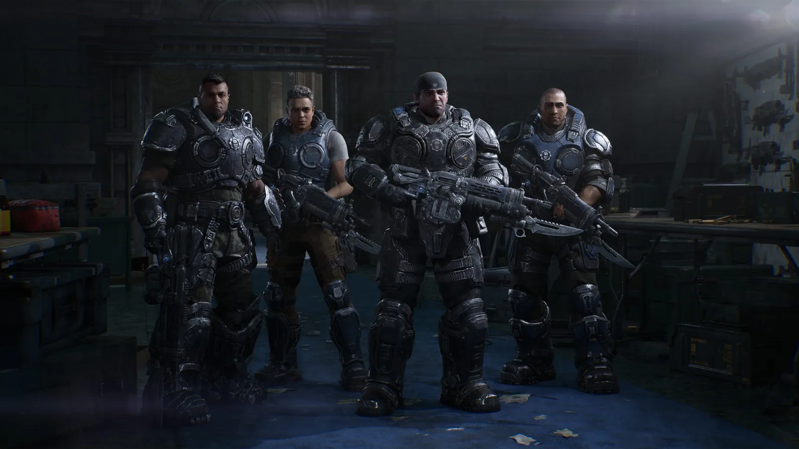 Four COG soldiers stand together in a dimly lit armory with rifles ready.