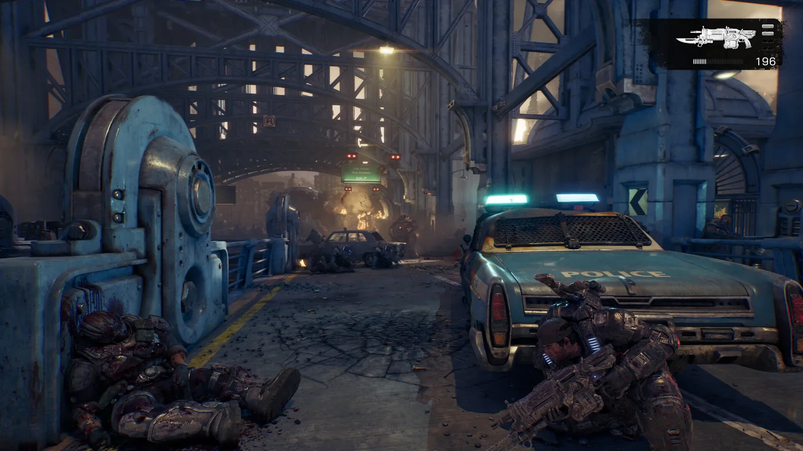 Two COG soldiers behind street cover during an E-Day firefight