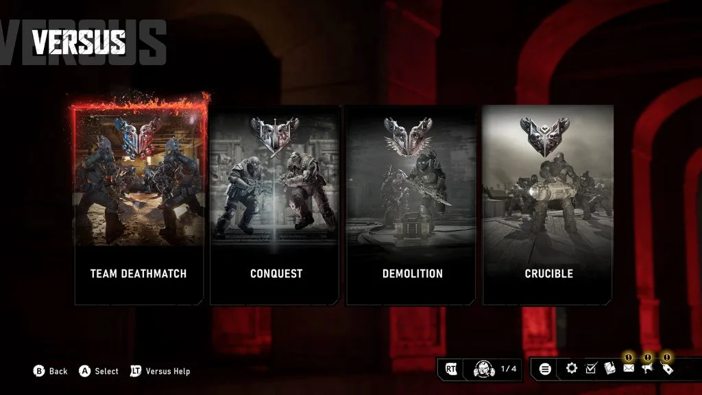 E-Day Versus mode menu with Team Deathmatch, Conquest, Demolition and Crucible