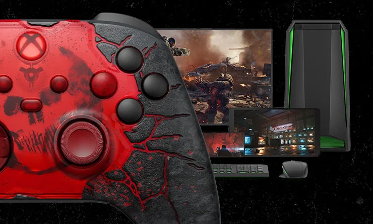 Gears of War: E-Day Limited Edition Xbox Wireless Controller shown with a computer, television, and Xbox Series S