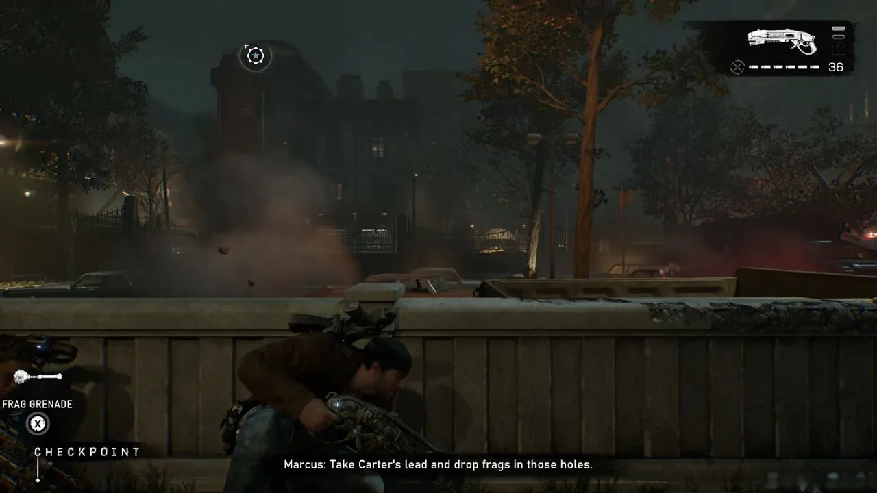 A COG soldier takes cover on a war-torn street while preparing to attack holes in the battlefield.