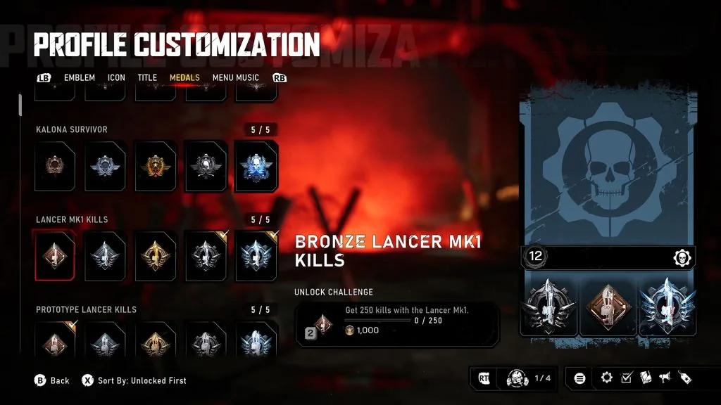 Medal menu showing the Bronze Lancer Mk1 Kills requirement and a Coin reward icon