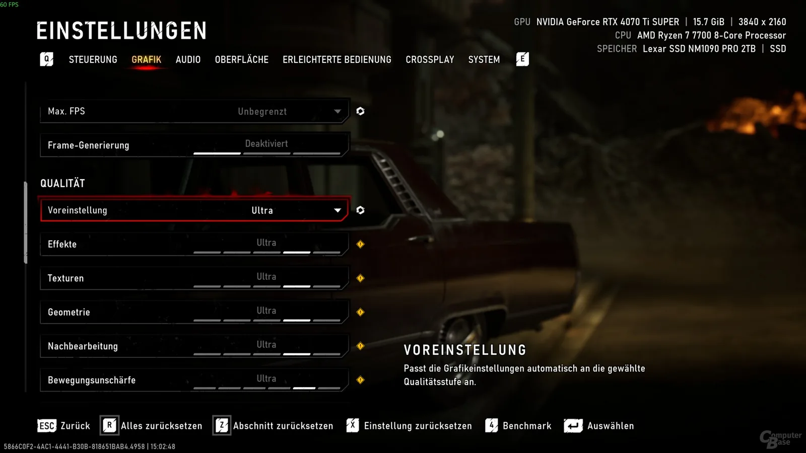 E-Day graphics menu in German with the preset, Max FPS and frame generation controls.