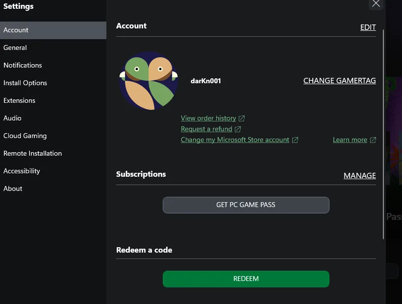 Xbox app Settings account page with the Redeem a code control