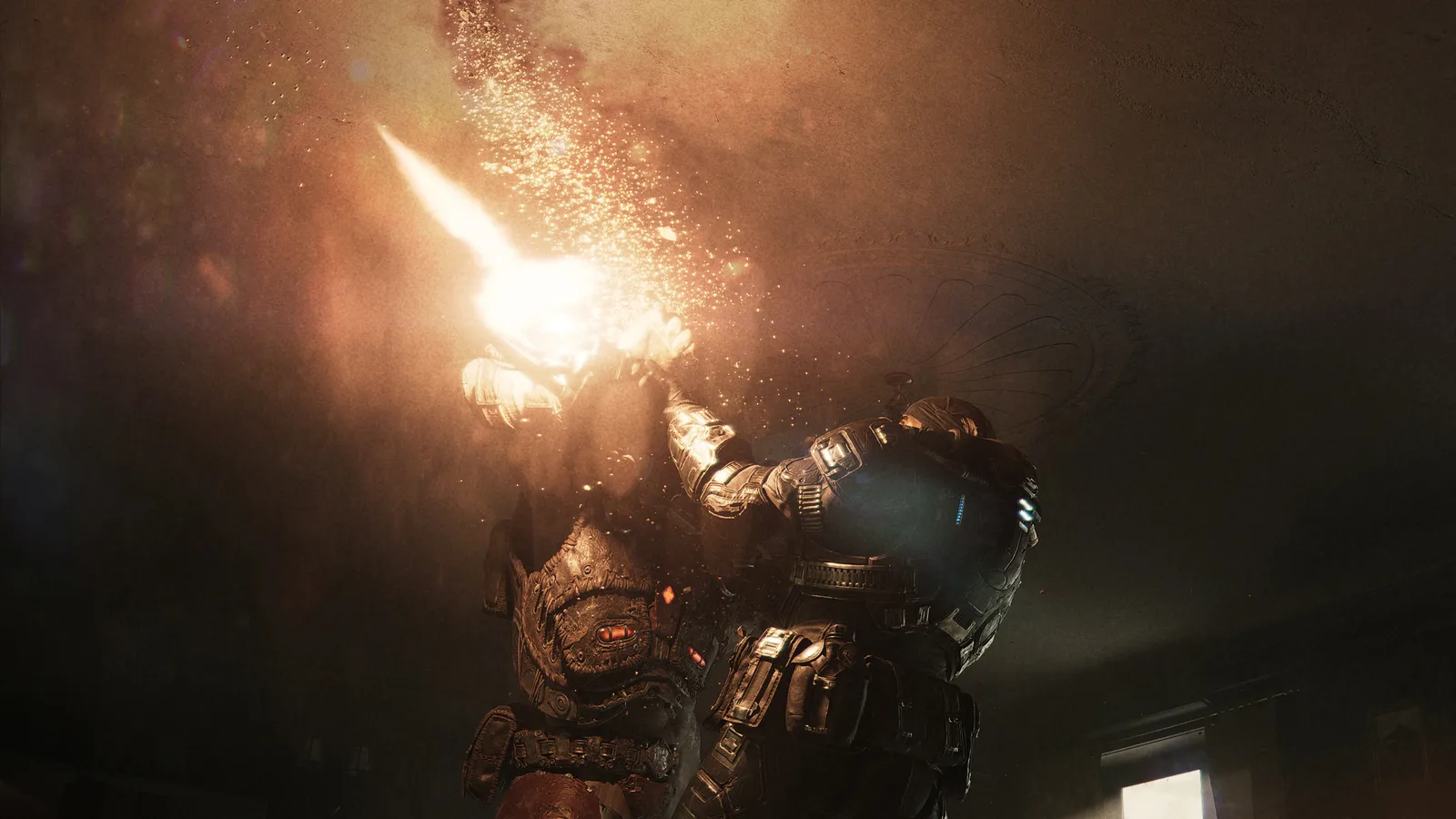 Young Marcus Fenix grappling with a Locust Drone amid flying sparks