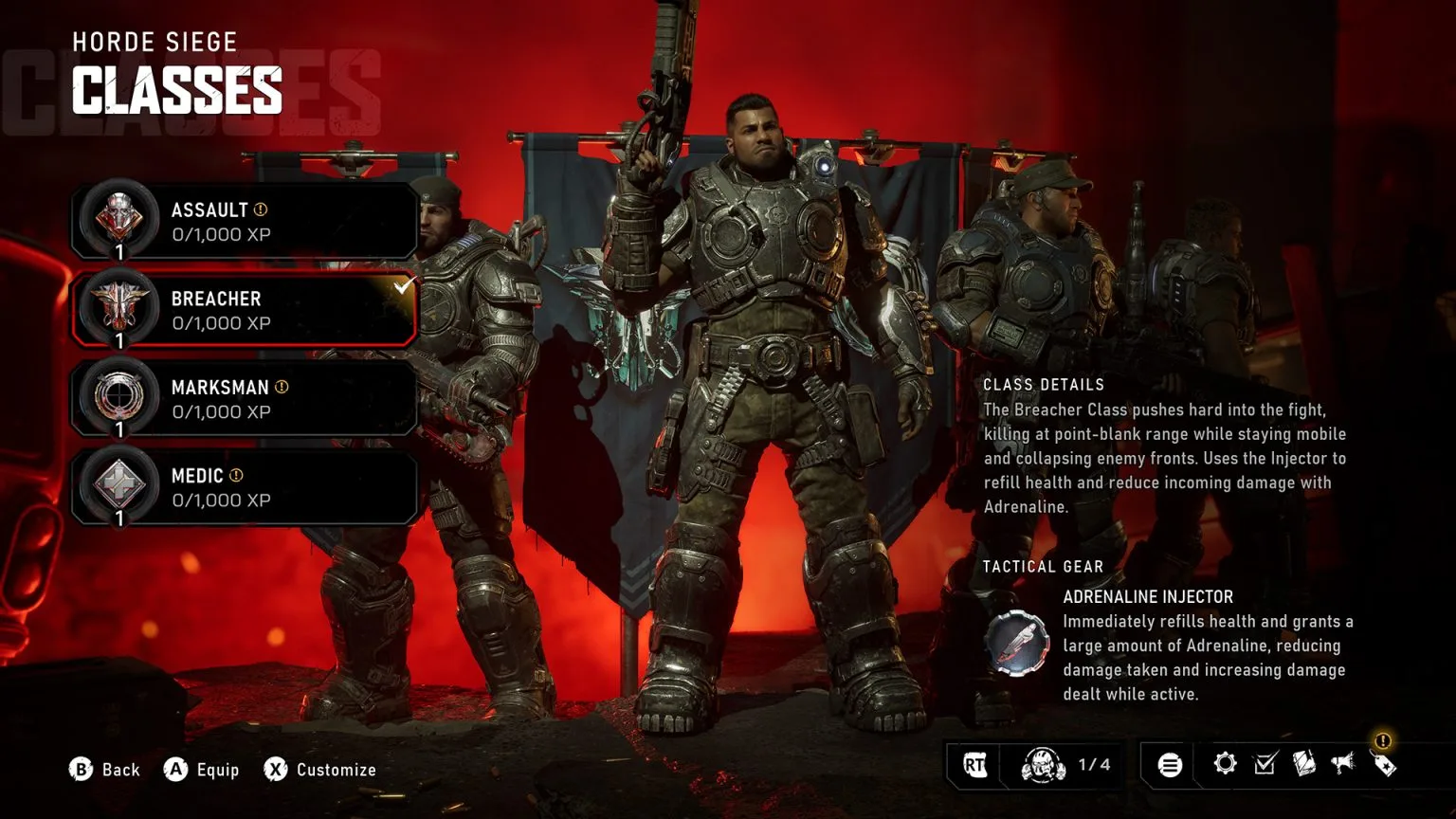 Horde Siege Classes menu showing Breacher selected and class XP progress