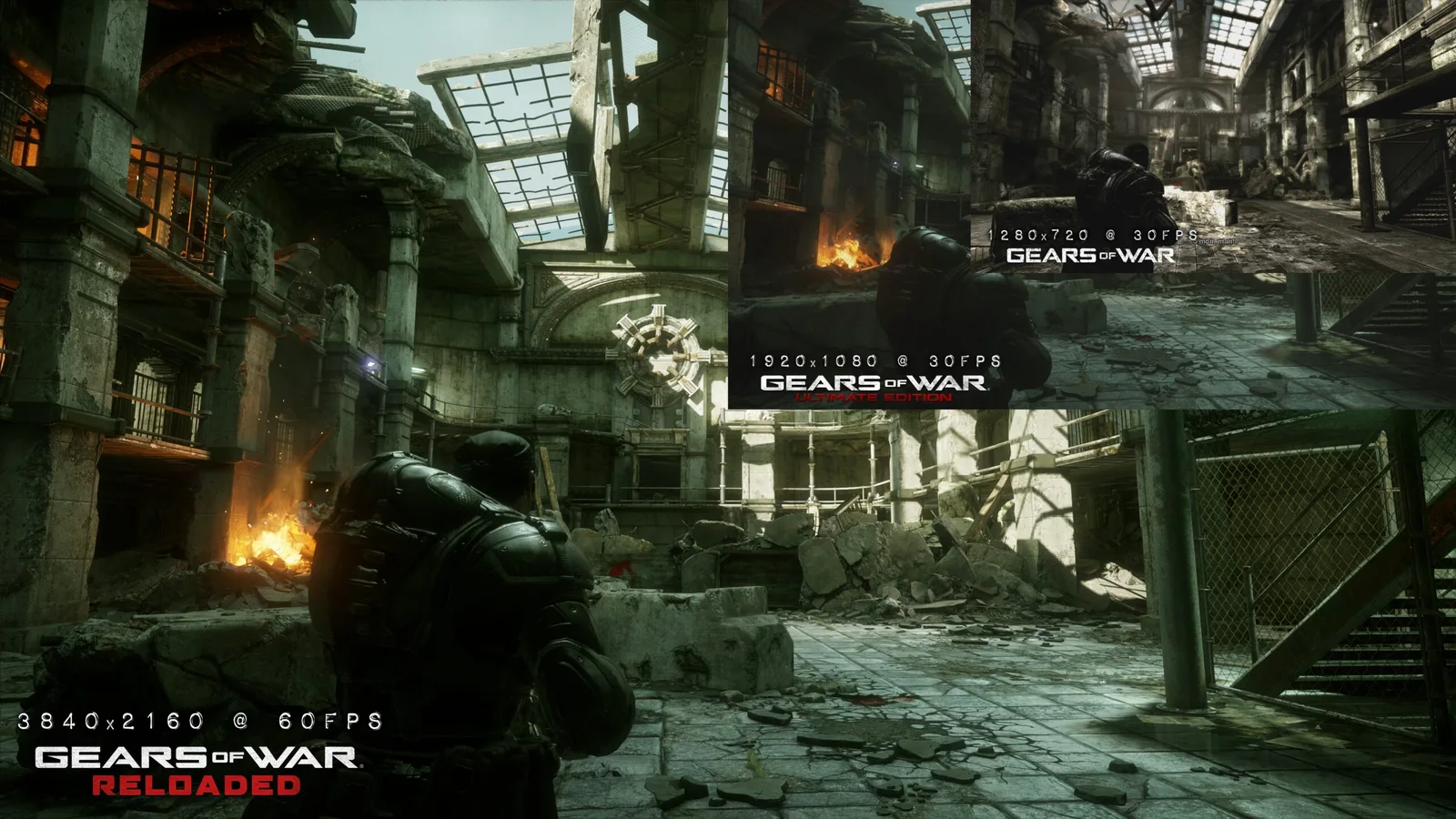 Comparison image showing the same campaign scene in Gears of War, Ultimate Edition and Reloaded