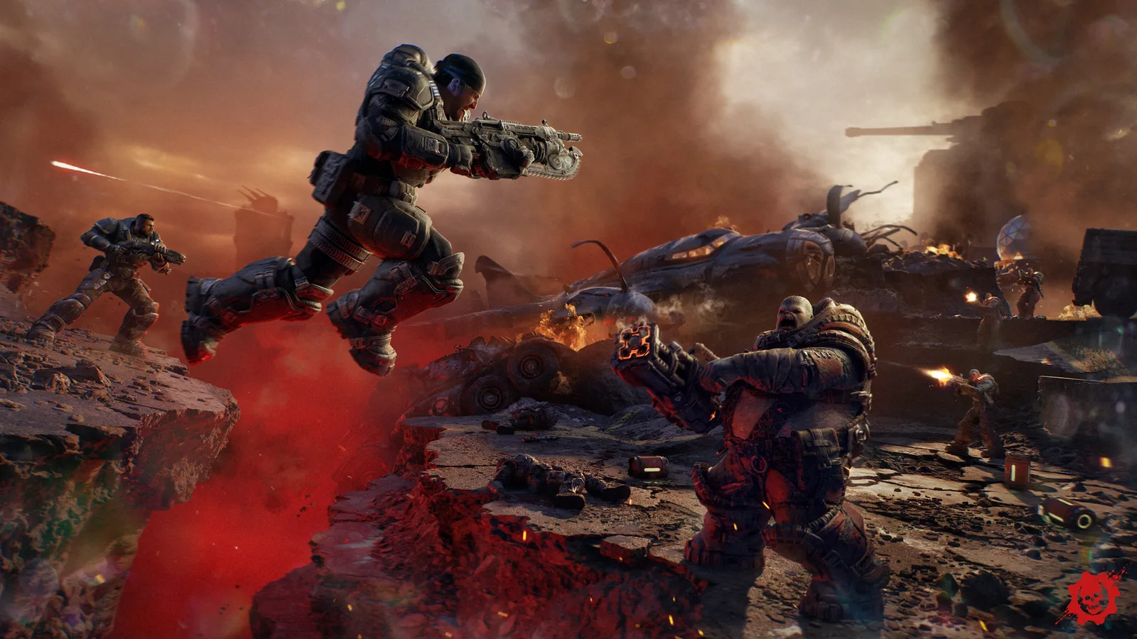 Marcus Fenix leaps toward enemies in Gears of War: E-Day