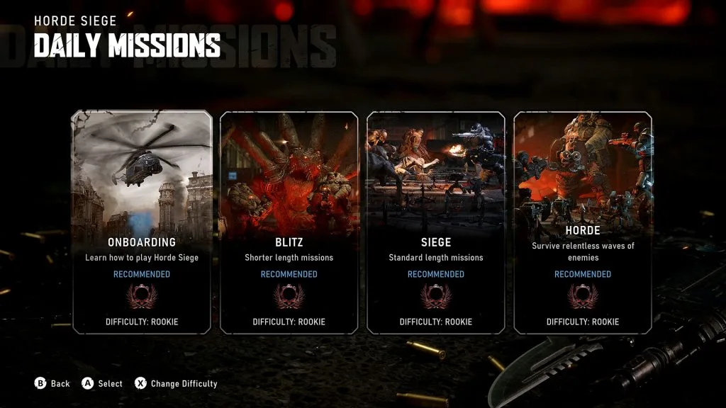 Horde Siege mission selection screen showing Onboarding, Blitz, Siege, and Horde playlists