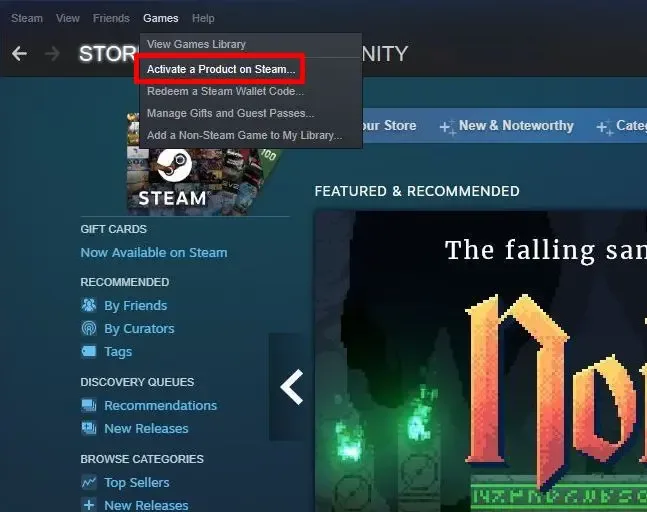 Steam desktop client Games menu with Activate a Product on Steam visible