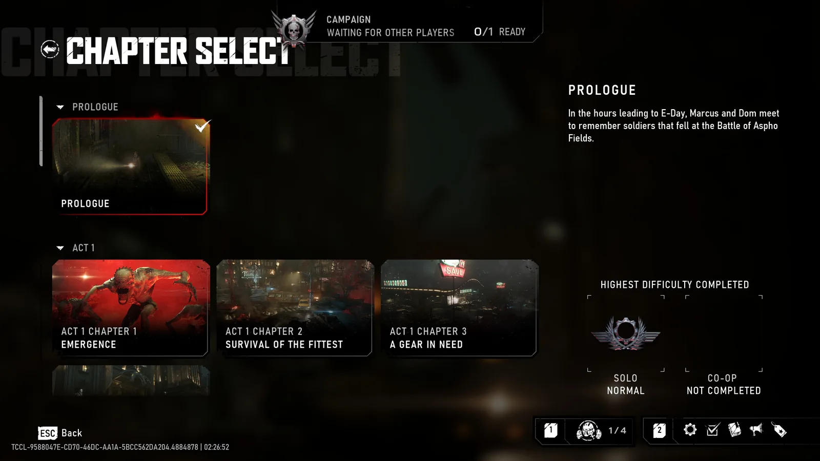 E-Day Chapter Select screen with separate solo and co-op highest-difficulty completion records.
