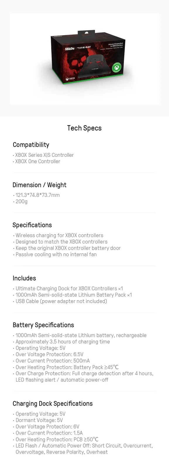Product specifications panel listing the charging dock dimensions as 121.3 × 74.8 × 73.7mm
