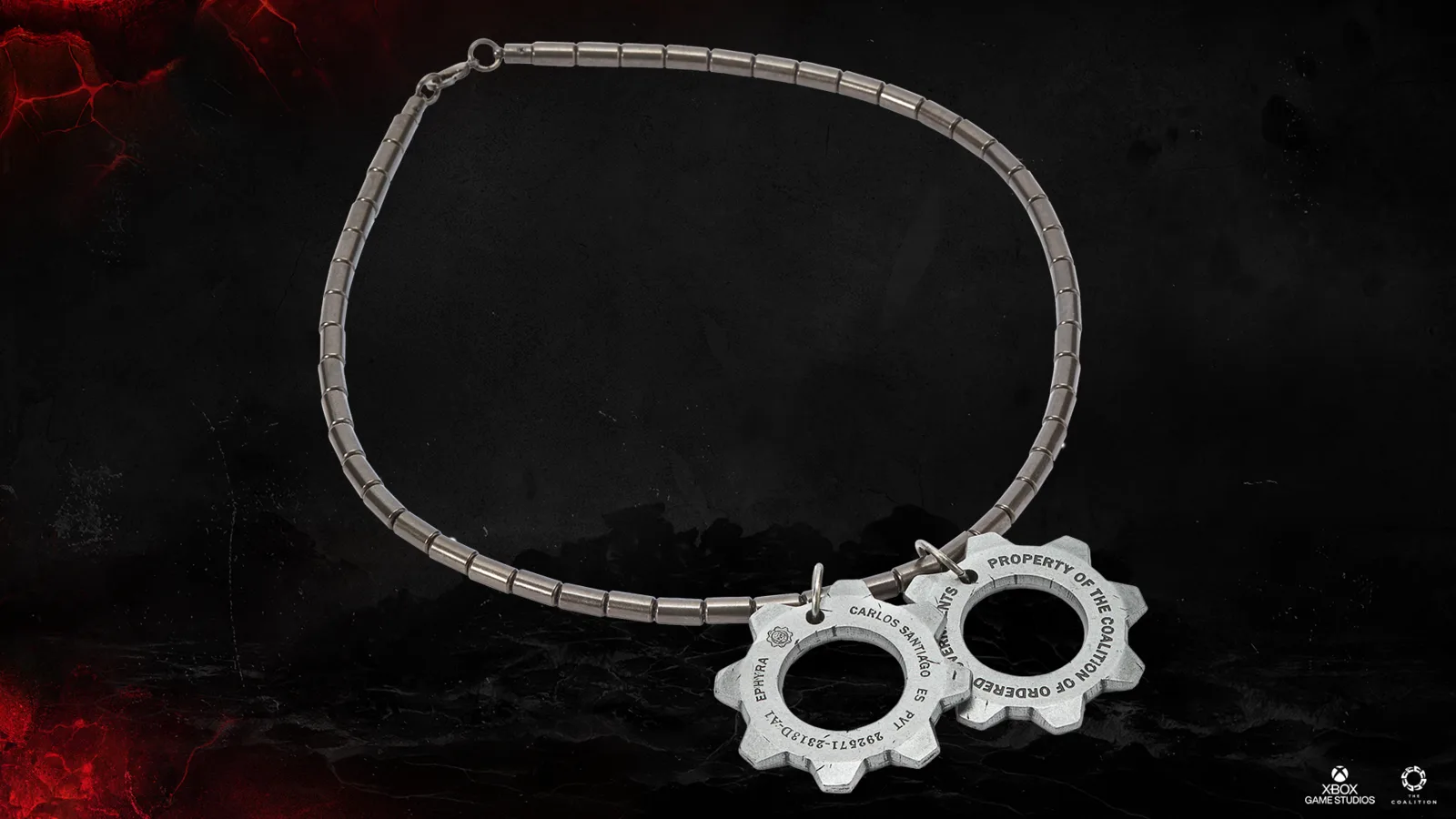 Metal Carlos Santiago COG tags replica on its chain