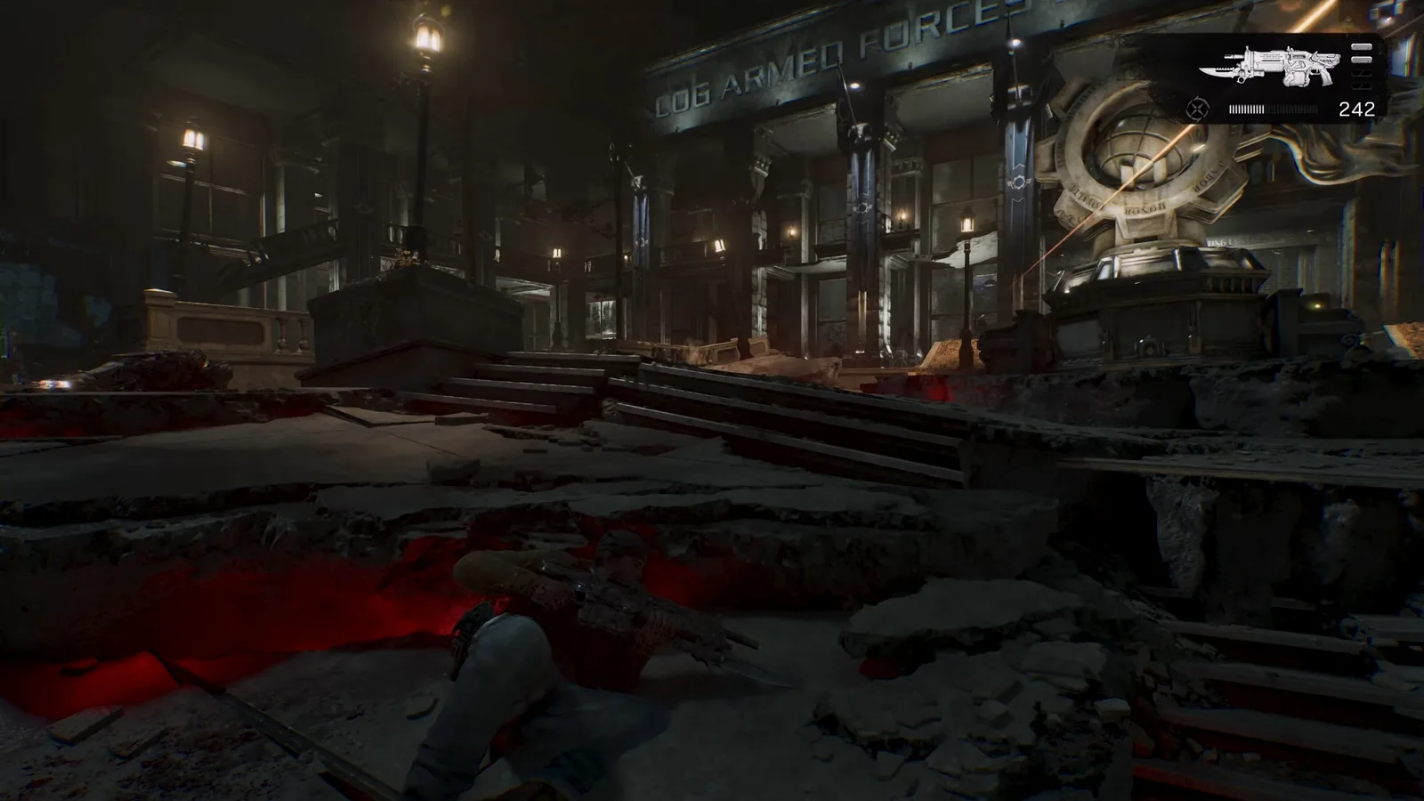 A soldier in a low position near broken steps outside a COG Armed Forces building in Gears of War: E-Day