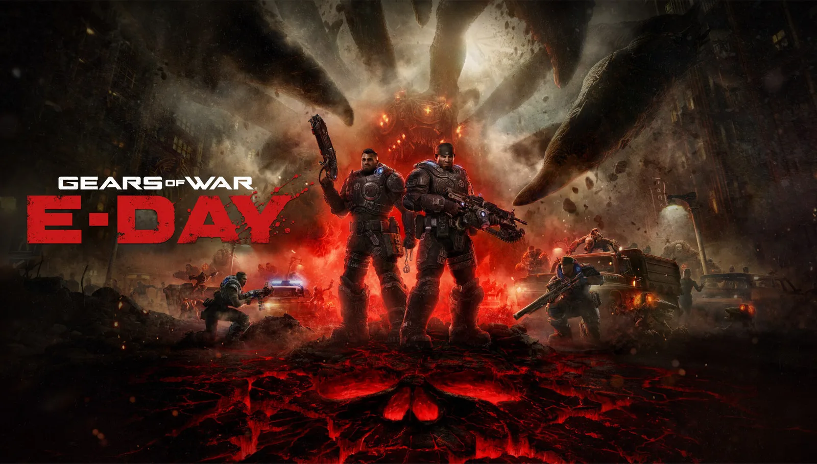 Gears of War: E-Day key art showing two armored COG soldiers facing a massive creature in a ruined city