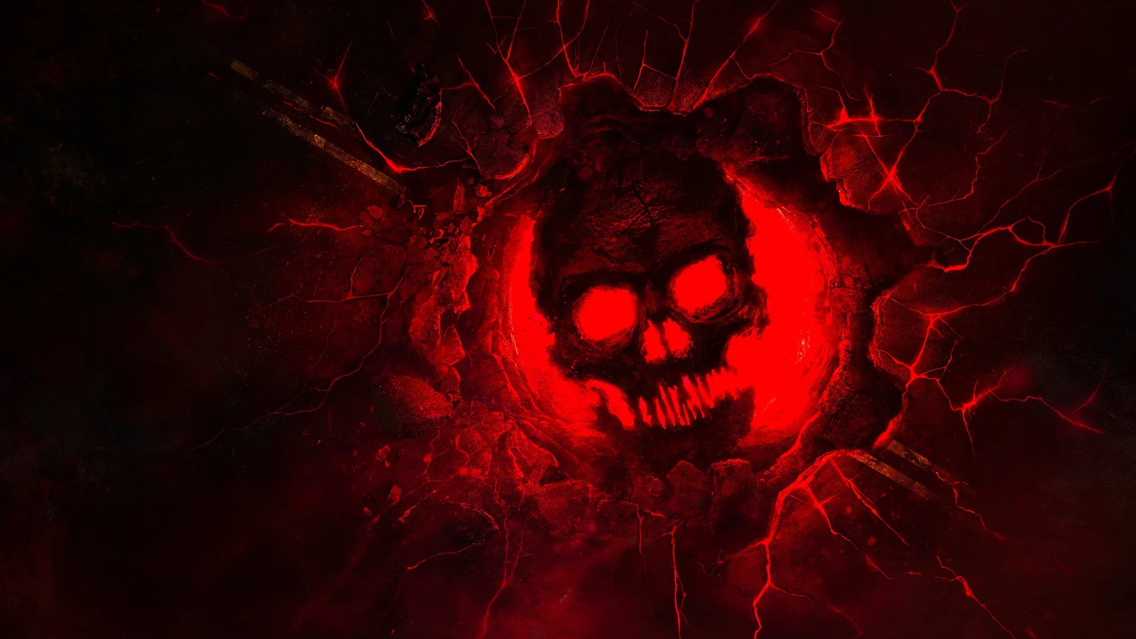 Red Crimson Omen skull breaking through cracked ground with the Gears of War: E-Day Emergence Begins title
