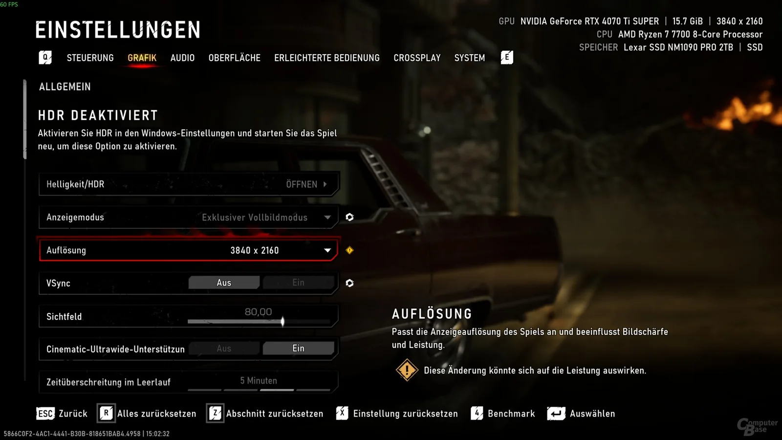 E-Day German graphics menu showing resolution, field of view, VSync and the Brightness HDR entry.