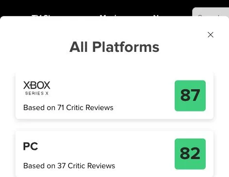 Metacritic platform comparison showing Xbox Series X 87 and PC 82 on October 9, 2026