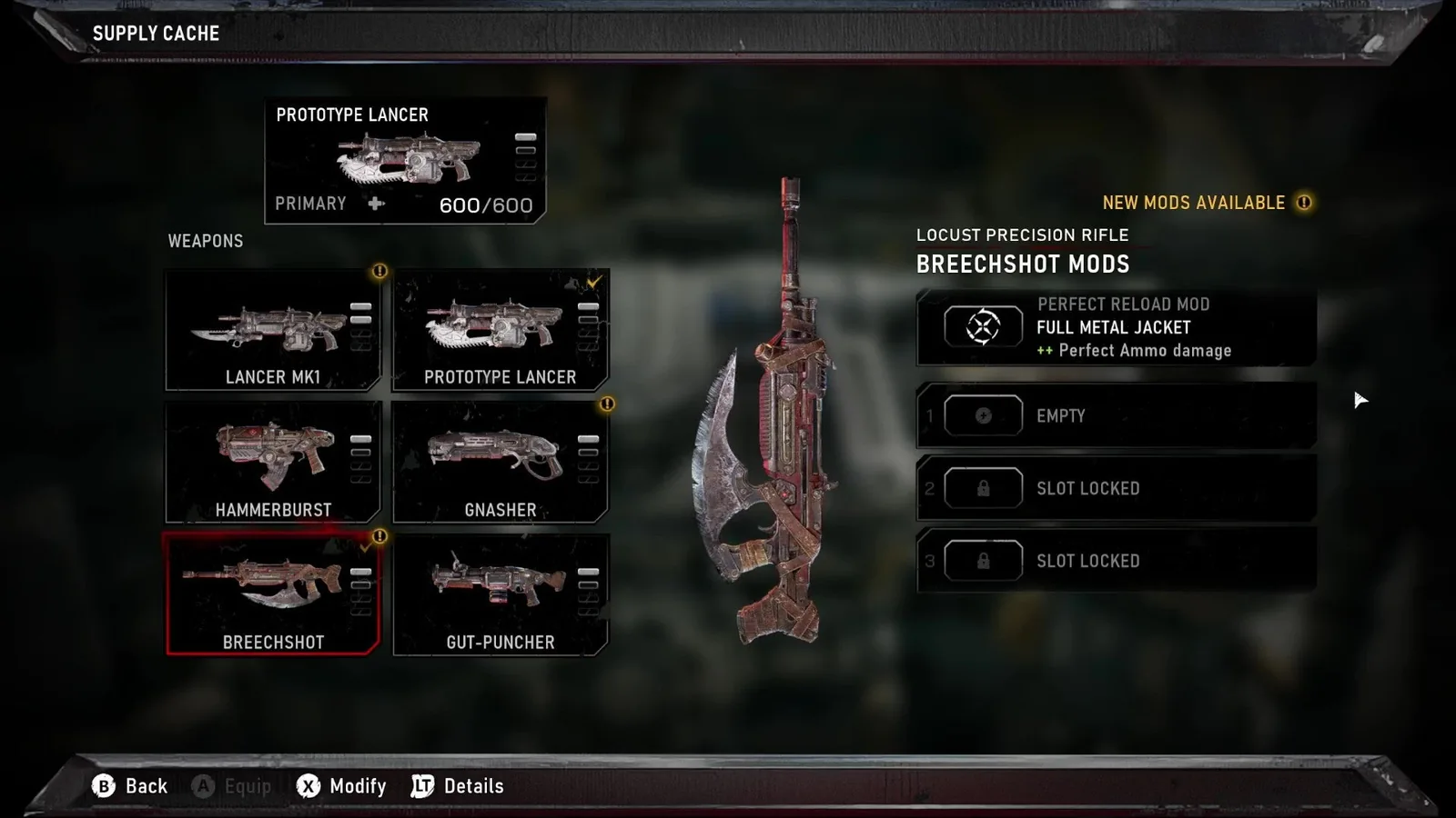 Campaign Supply Cache showing Breechshot mod slots and Full Metal Jacket