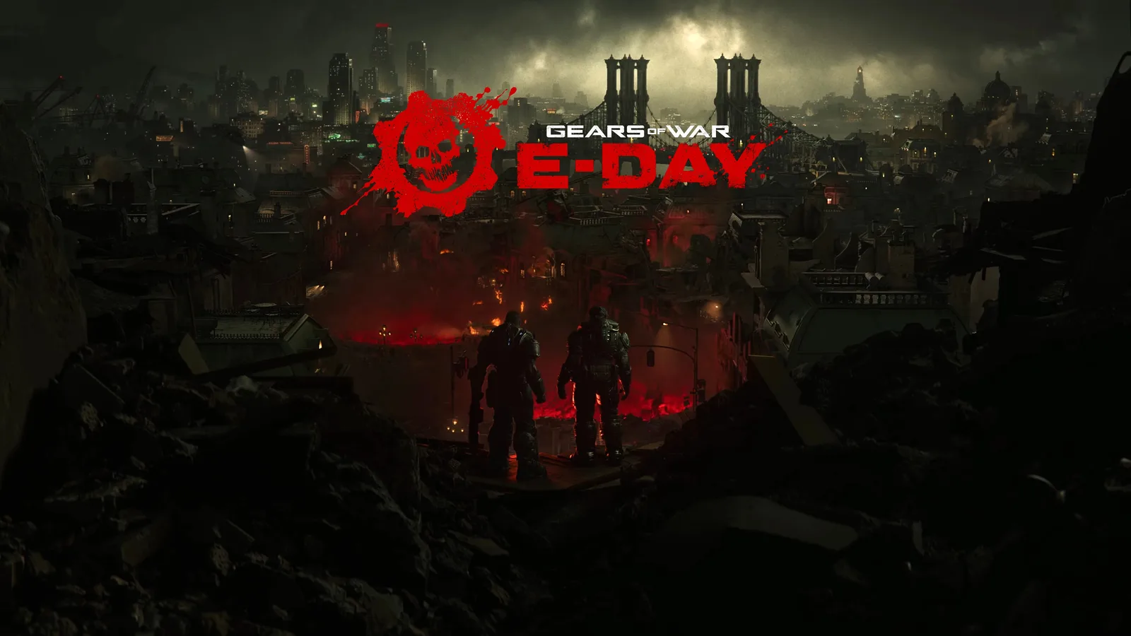 Marcus Fenix and Dominic Santiago standing together in a fiery Gears of War: E-Day battlefield