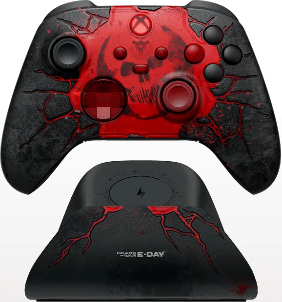 Gears of War: E-Day Xbox wireless controller pictured above the matching 8BitDo charging dock