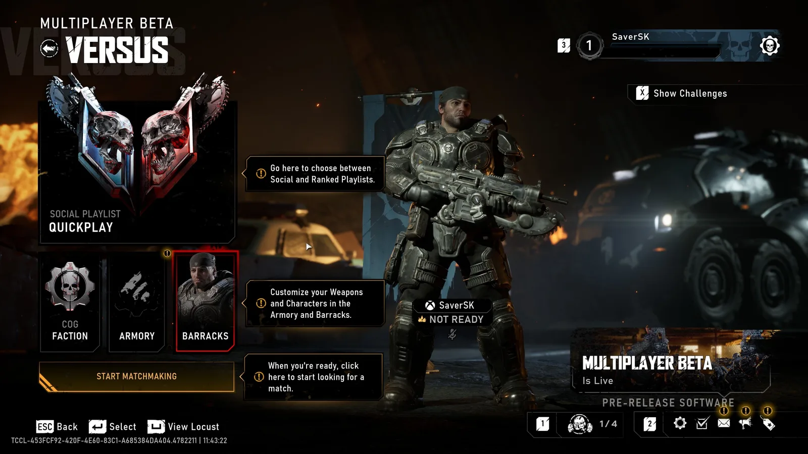 Historical Gears of War: E-Day Multiplayer Beta menu showing the Social Playlist and Quickplay