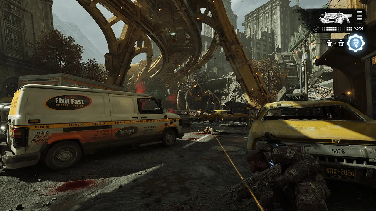 A COG soldier takes cover behind a taxi on a ruined city street while Locust advance through the rubble.