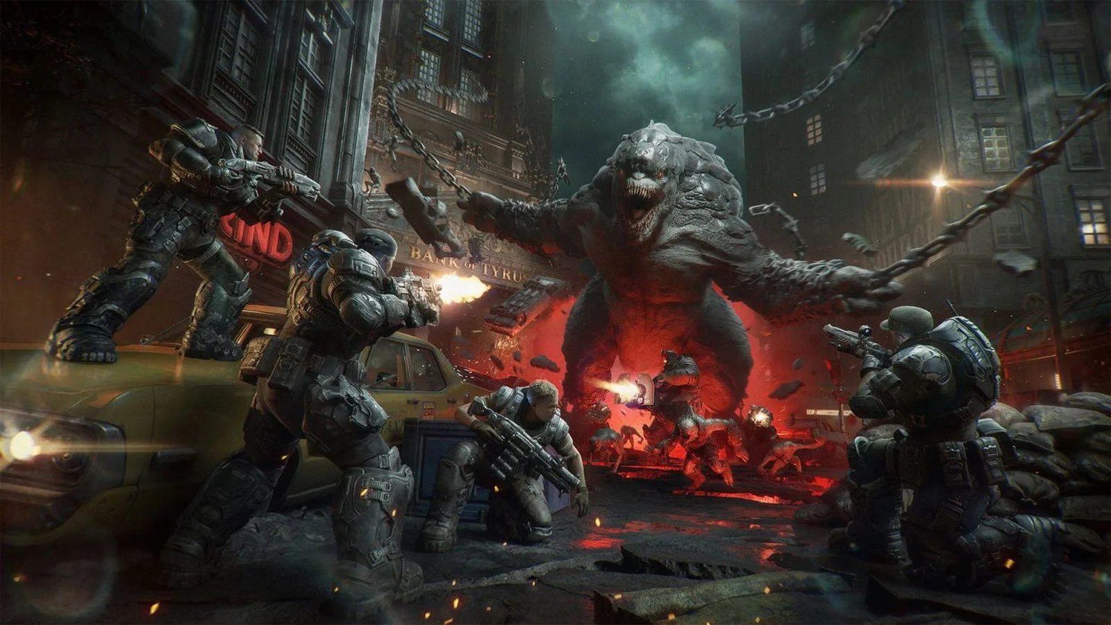Multiple COG soldiers fight a massive chained Locust creature in a ruined city street during Horde Siege.