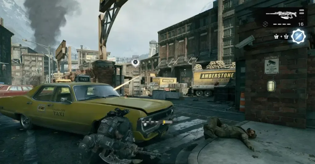 Campaign gameplay near Amberstone Storage Facility with a nearby objective marker