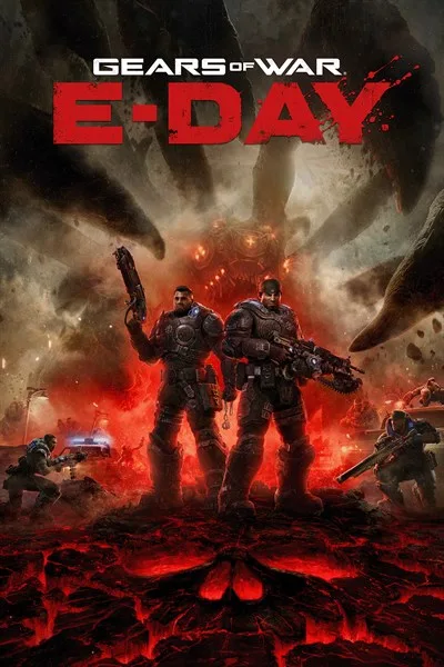 Portrait Gears of War: E-Day product artwork with two armored soldiers above a red-lit battlefield