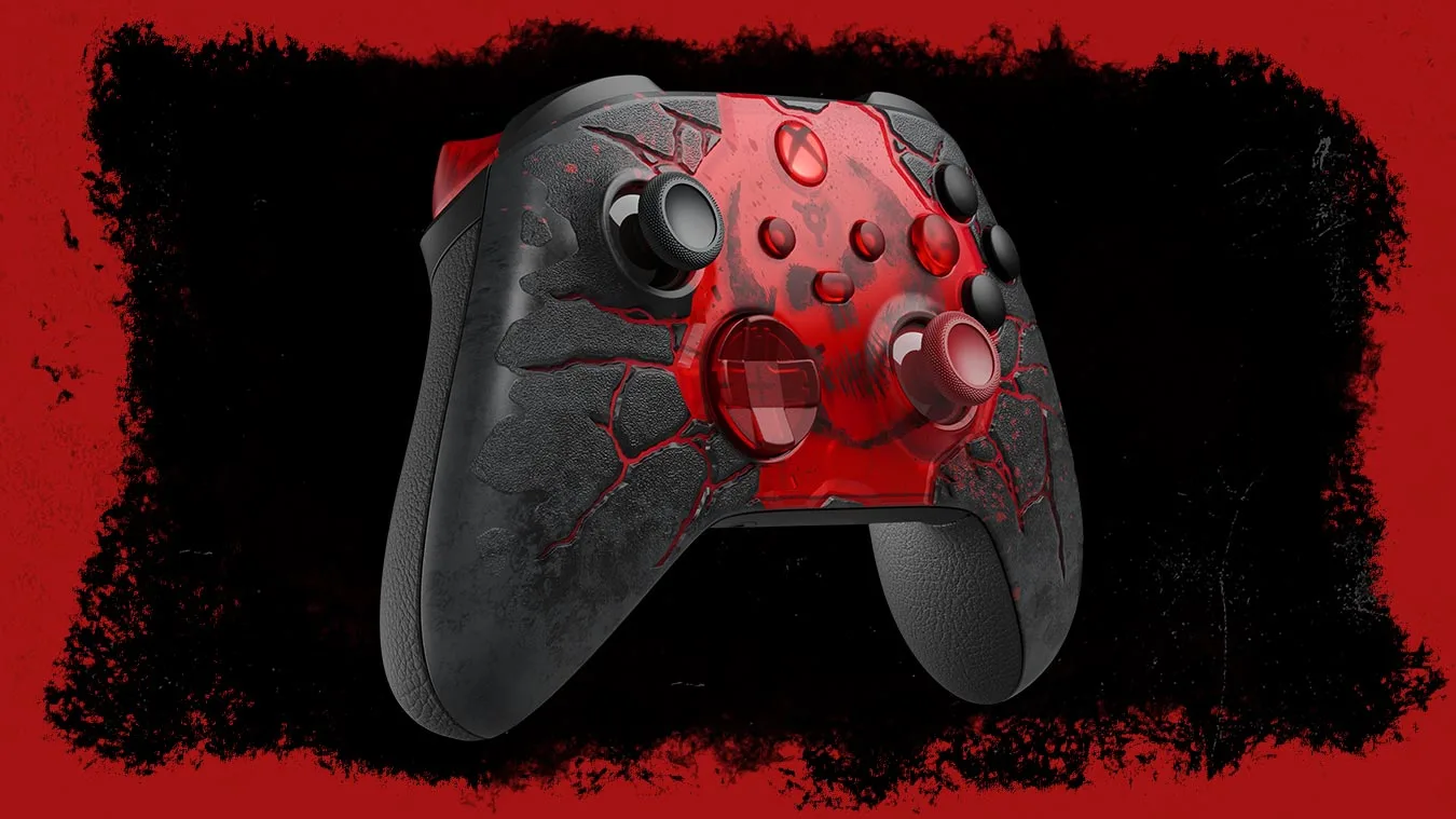 Angled front view of the Gears of War: E-Day Limited Edition Xbox Wireless Controller with cracked-asphalt artwork and C