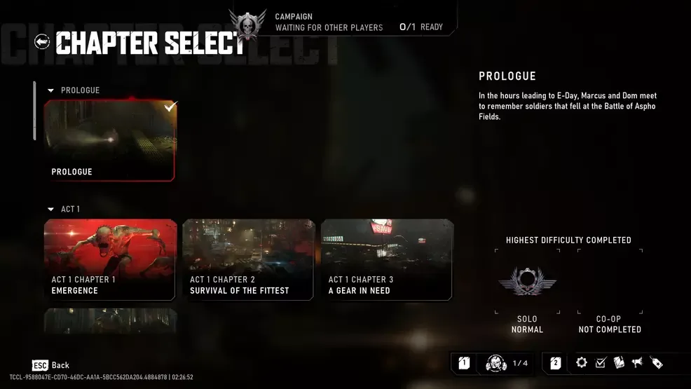 Gears of War: E-Day chapter-select menu showing the Prologue and Act 1 campaign chapters