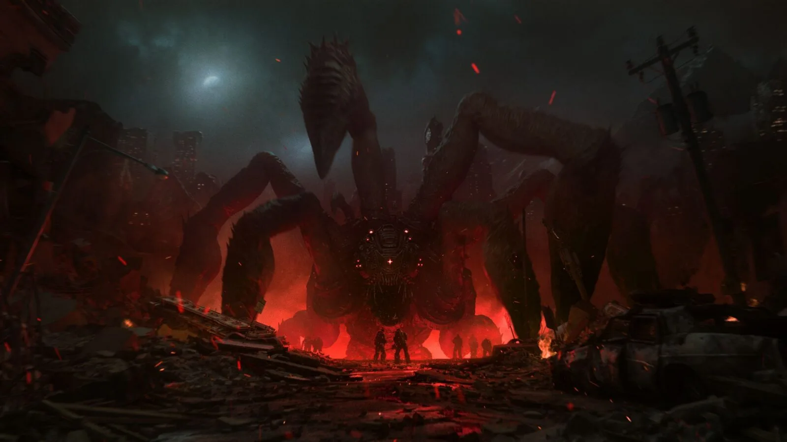 Two armored soldiers facing a giant tentacled creature in a ruined city at night