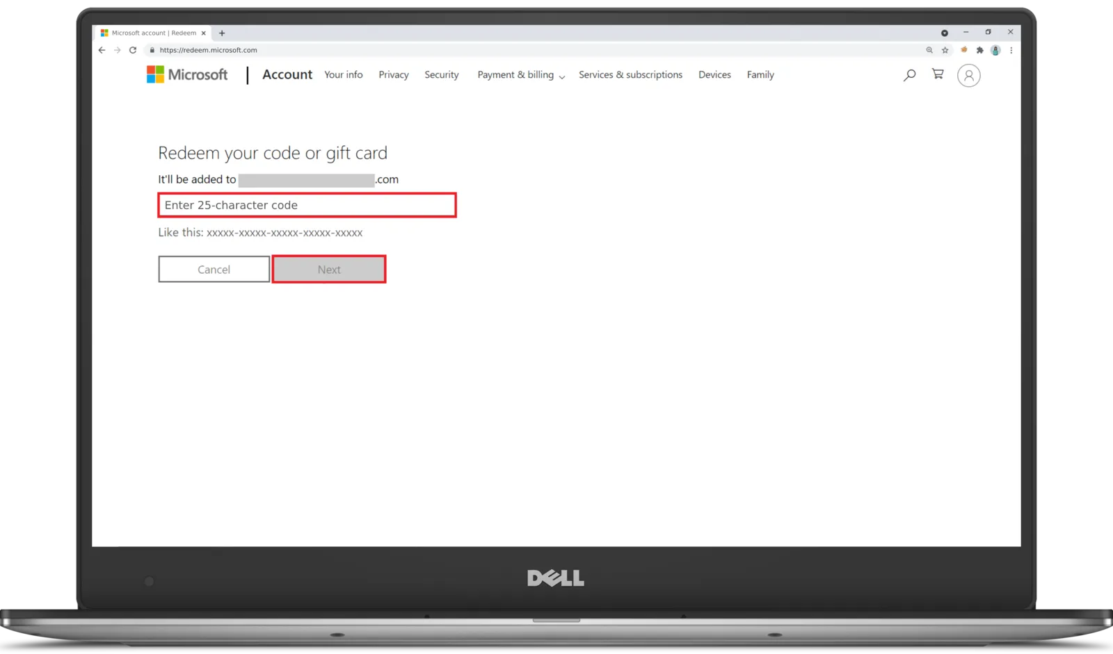 Microsoft account redeem page with a 25-character code field