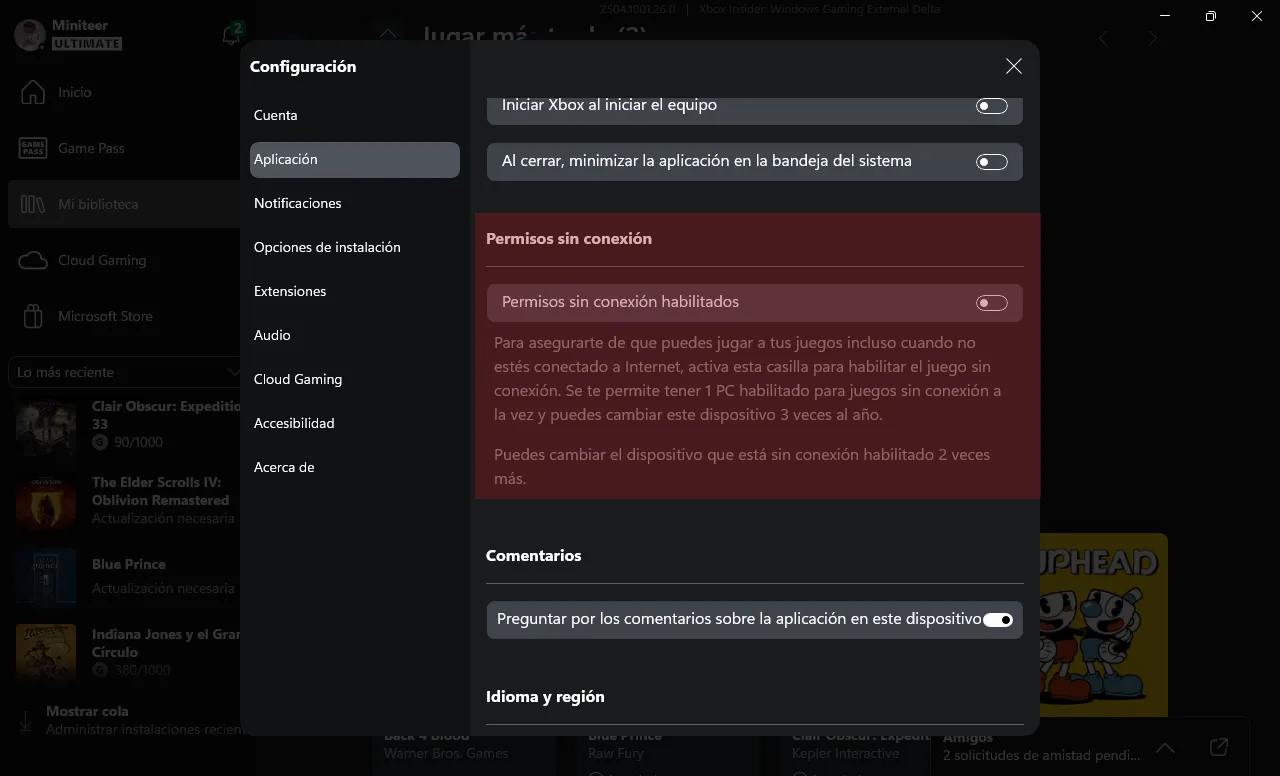 Xbox app settings in Spanish showing the Offline permissions toggle switched off