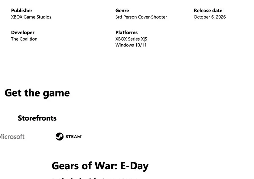 Official Xbox E-Day product information showing an October 6, 2026 release date and the game title