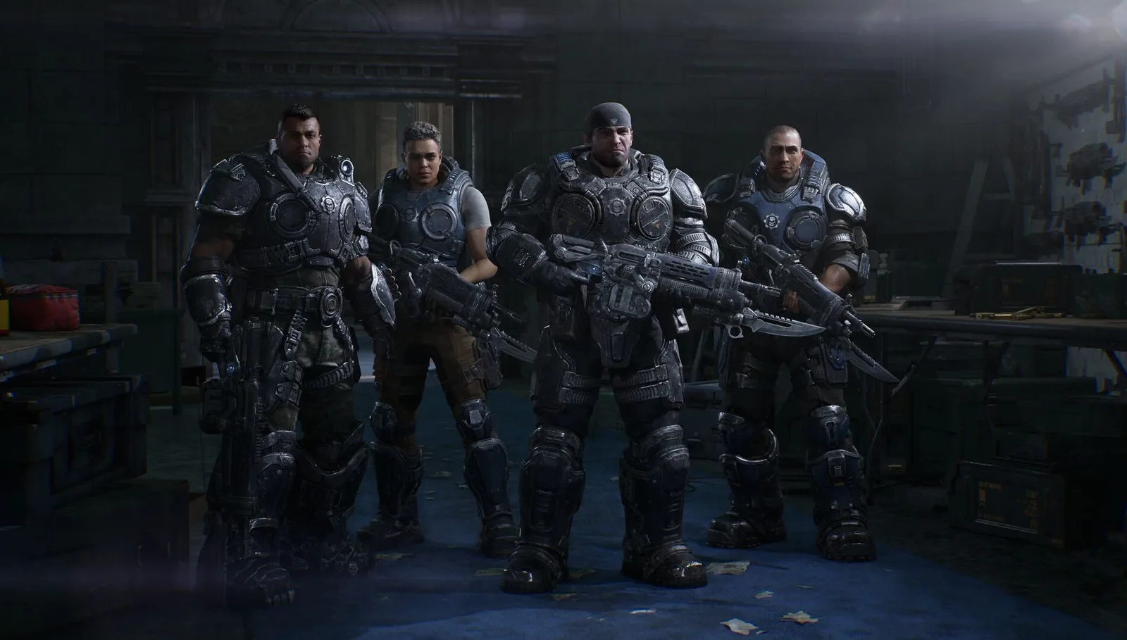 Marcus Fenix, Dom Santiago, Mags Carter, and Lucas Reyes stand together in Bravo Squad armor.