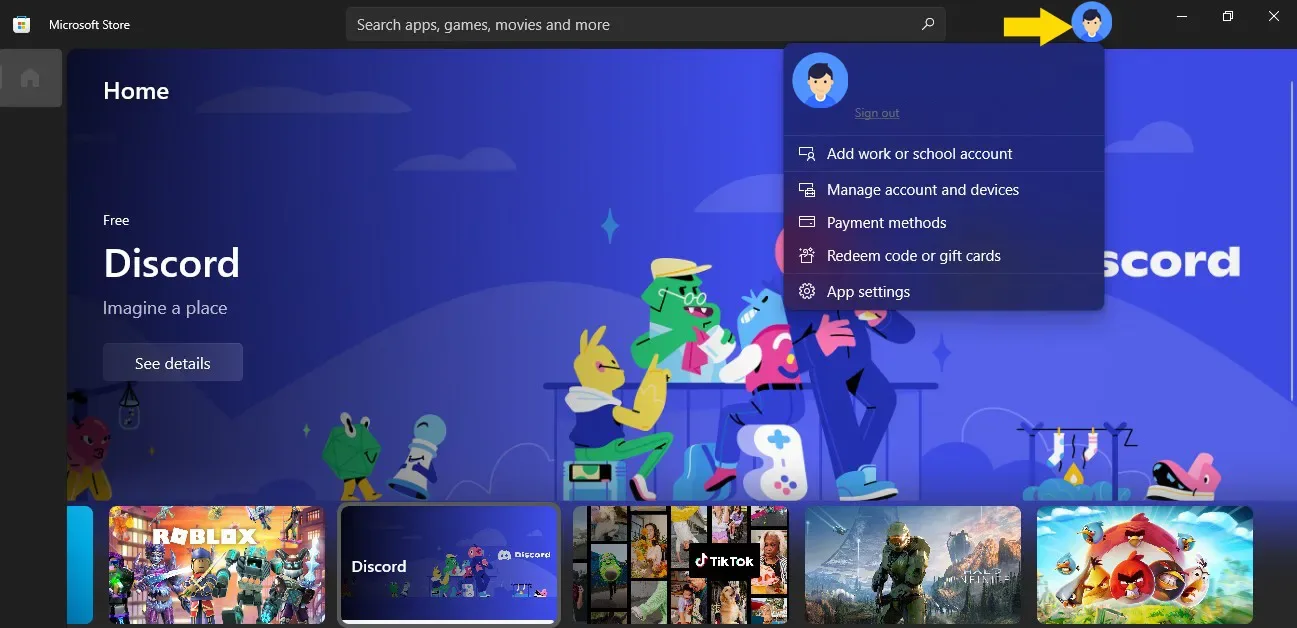Microsoft Store account menu with the Redeem code or gift cards command visible