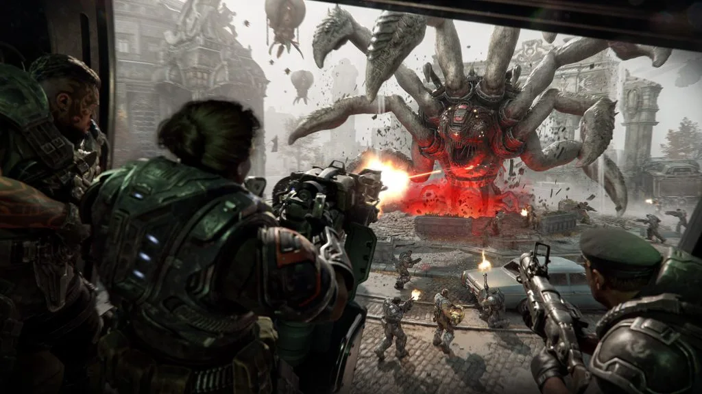 A Corpser towers over COG soldiers in an official Gears of War: E-Day Horde Siege scene
