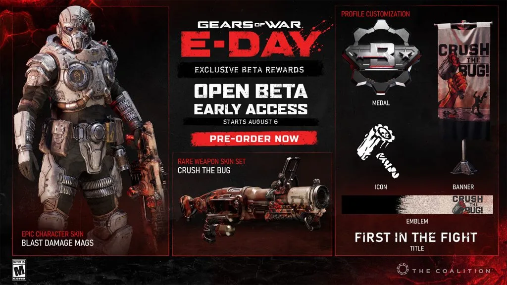 Gears of War: E-Day Open Beta rewards graphic showing the Blast Damage Mags character skin, Crush the Bug weapon skin se
